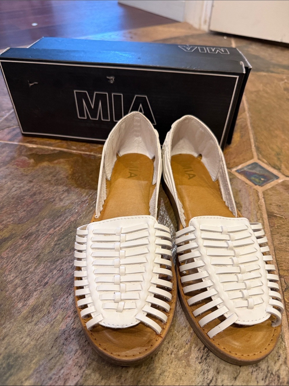 MIA White Woven Leather Open-Toe Slip-On Moccasins